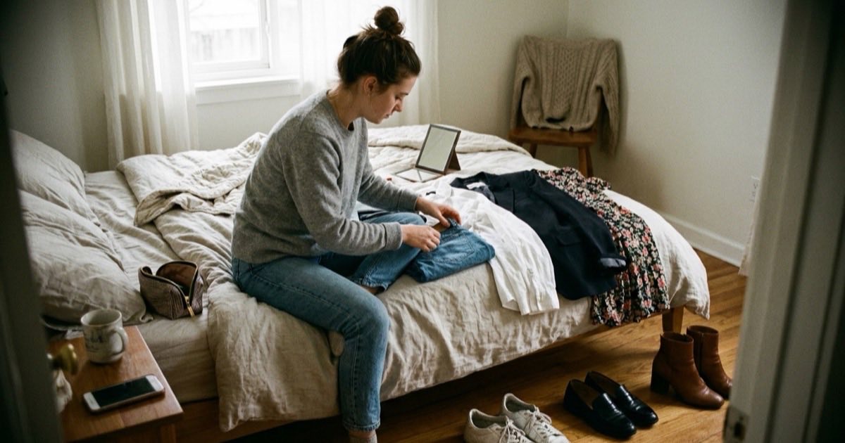 Mladá žena sedí na posteli a vědomě si připravuje několik outfitů, bot a doplňků na focení modelingu