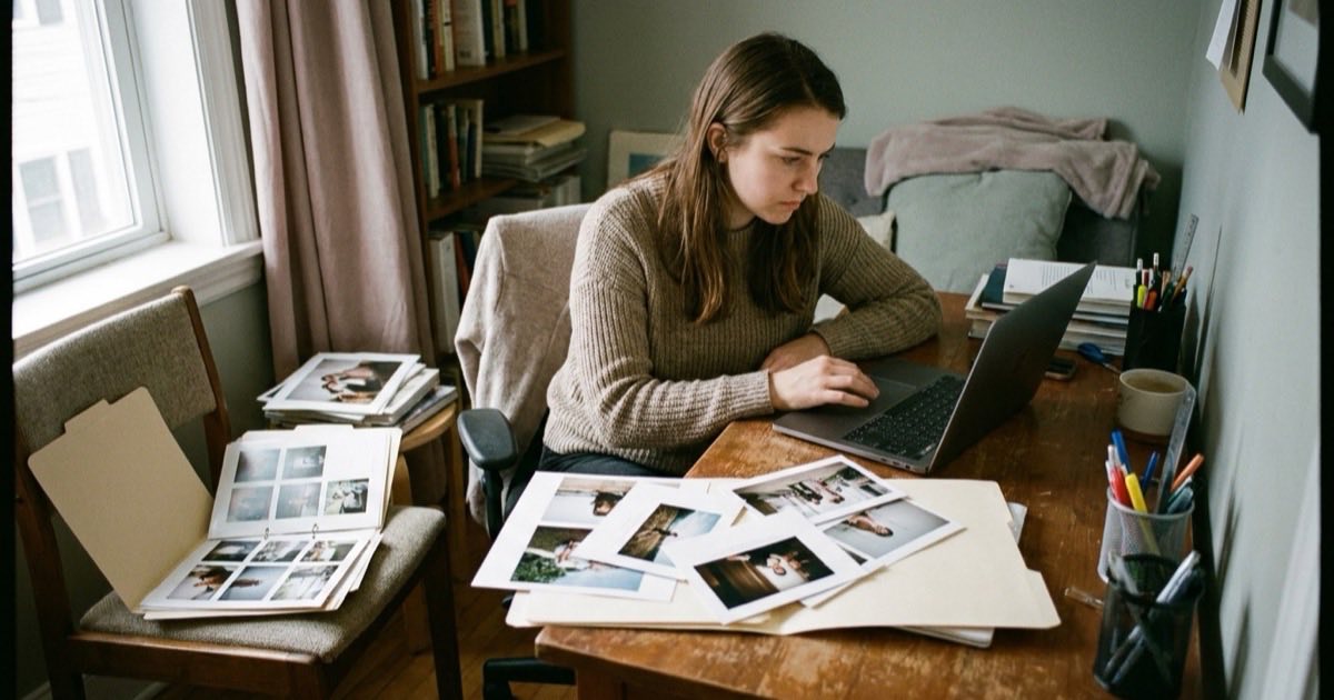 Modelka si prohlíží své digitální portfolio a comp cardy na počítači v přirozeném denním světle
